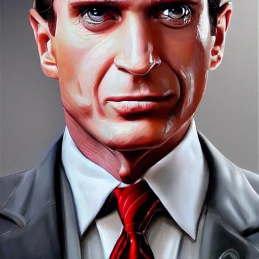 Image similar to Caricature portraits done of Patrick Bateman, realistic, hyperrealistic, very realistic, highly detailed, very detailed, extremely detailed, detailed, oil painting, digital art, trending on artstation