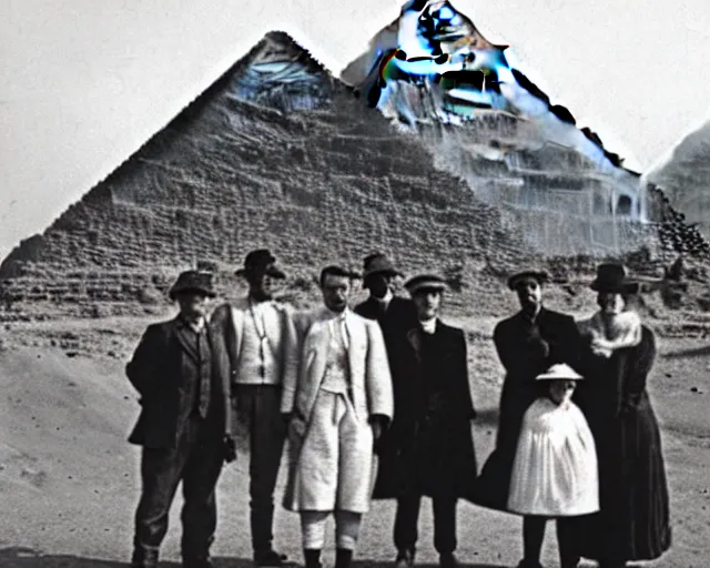 Image similar to a photo from the early 1900s of people standing in front of a UFO, behind them are the Pyramids at Giza