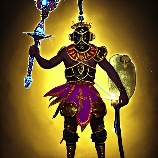 Image similar to a young black boy dressed like an african moorish warrior, with four arms, wearing gold armor and a crown with a ruby, posing with a very ornate glowing electric spear!!!!, for honor character digital illustration portrait design, by android jones in a psychedelic fantasy style, dramatic lighting, hero pose, wide angle dynamic portrait