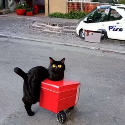 Image similar to a cat working as pizza delivery man