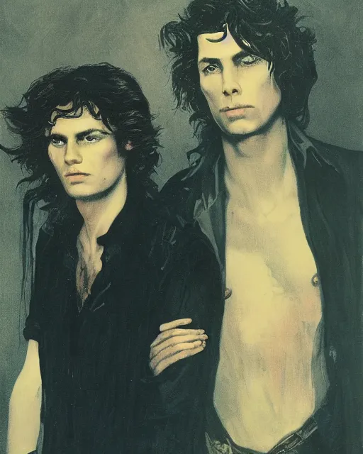 Image similar to two handsome but sinister young men in layers of fear, with haunted eyes and wild hair, 1 9 7 0 s, seventies, wallpaper, a little blood, moonlight showing injuries, delicate embellishments, painterly, offset printing technique, by brom, robert henri, walter popp