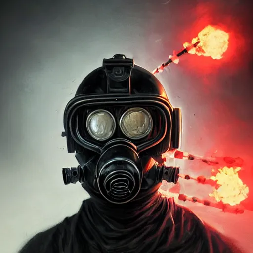 Image similar to commission of a man wearing a black helmet and a black gas mask,red glowing eyes,digital art,crazy detail,hyperdetailed,hyperrealistic,photorealistic,art by greg rutkowski,trevor henderson,artstation,deviantart,eerie,western comic style,comic,sharp lineart,fire coming from the gas mask