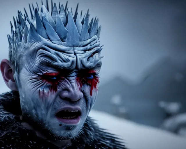 Image similar to ugly - cryer crying ice tears justin sun as night king in game of thrones, stunning tears made of ice, crimson - black bee army behind, 4 k, epic, cinematic, focus, movie still, fantasy, extreme detail, atmospheric, dark colour, sharp focus