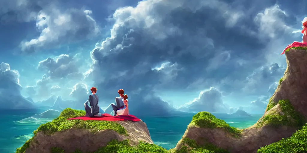 Prompt: a beautiful couple sitting in a cloud very high in the sky above emerald lagoon of Sint-Marteen, mattepainting concept Blizzard pixar maya engine on stylized background global illumination lighting artstation in the style of The Road to El Dorado