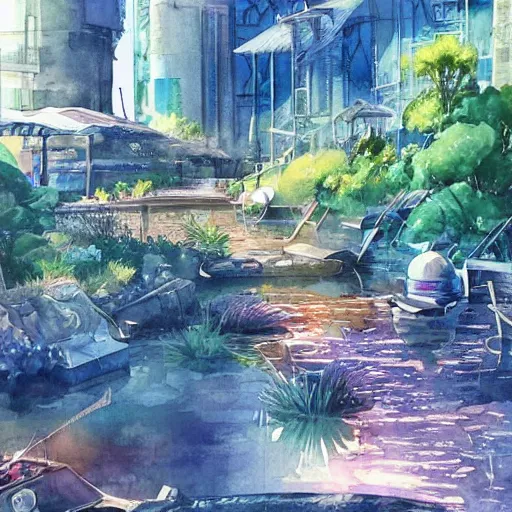 Prompt: Beautiful happy picturesque charming sci-fi town in harmony with nature, year 2100. Beautiful light. Water and plants. Nice colour scheme, soft warm colour. Beautiful detailed watercolor by Lurid. (2022)