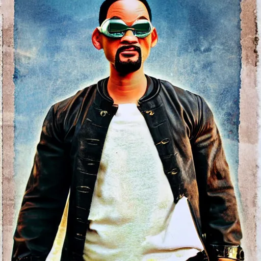 Image similar to will smith wearing big steampunk googles, colored photo by gustave baumann