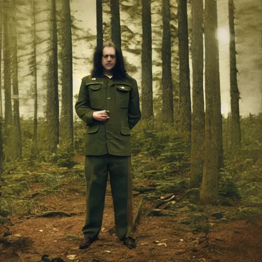 Prompt: Picture of Long-haired male wearing military jacket surrounded by forest, trees and stars