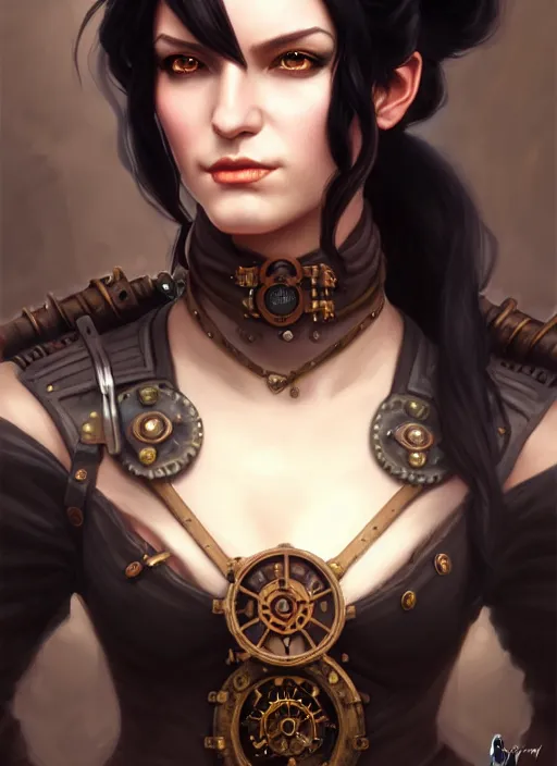 Image similar to a _ fantasy _ style _ portrait _ painting _ of steampunk woman, ponytail black hair, round face, rpg dnd oil _ painting _ unreal _ 5 _ daz. _ rpg _ portrait _ extremely _ detailed _ artgerm _ greg _ rutkowski _ greg