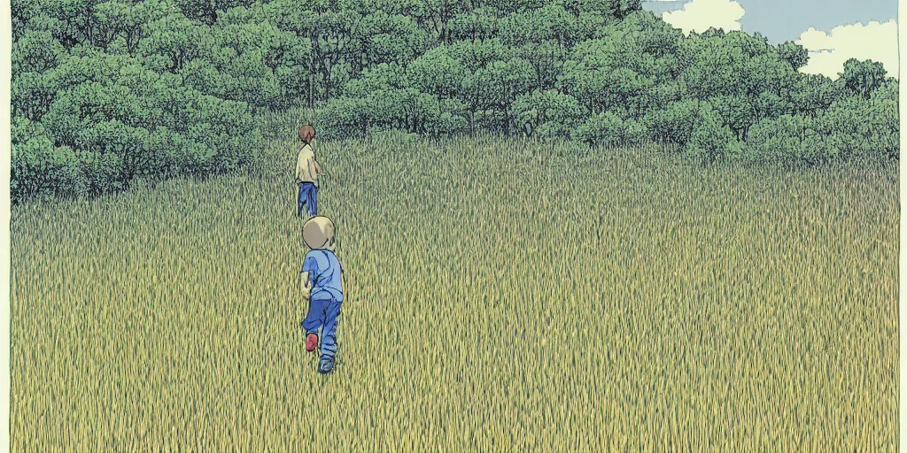 Prompt: perspective view of a young boy walking in a field of high grass facing a huge magnificent thick forest, very graphic illustration by katsuhiro otomo and jean giraud, drawing, clean line, colorful comics style
