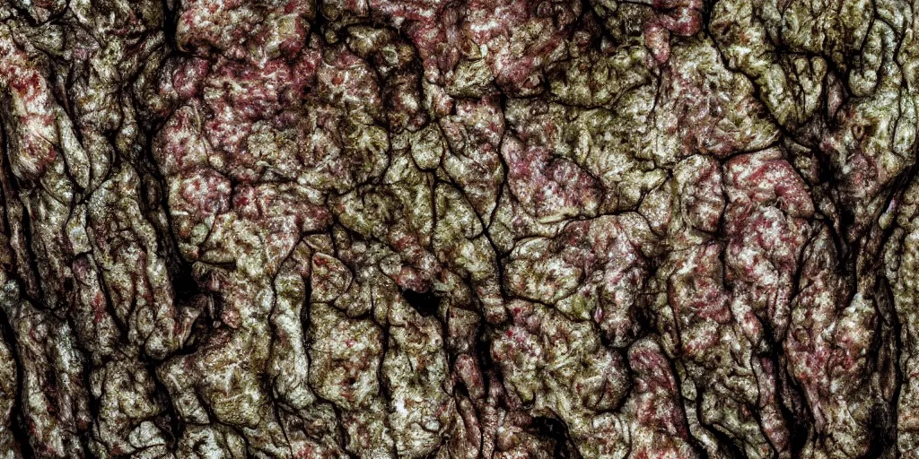 Prompt: medical detail of flesh skin, painitng, meat veins, wrinkles and muscles, surrounded by crustose lichens, rock texture, 4k, oil on canvas, photorealistic, soft light, cinematic lighting, vibrant, macro details, sharp