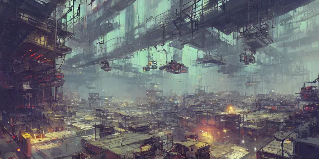 Image similar to concept art of a factory filled with drone and robot workers, grimy, gritty, blade runner 2 0 4 9, trending on artstation, award winning painting, cgi, art by john berkey and anton fadeev and john howe and simon stalenhag