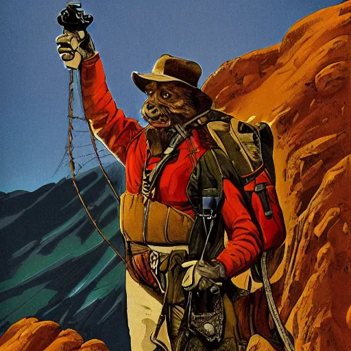 Image similar to 19th century scruffy american trapper standing atop a mountain, on mars, pulp science fiction illustration