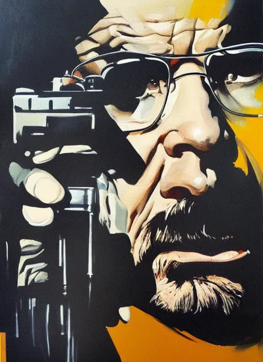 Image similar to walter white holding gun, painting by phil hale, francisco goya,'action lines '!!!, graphic style, visible brushstrokes, motion blur, blurry