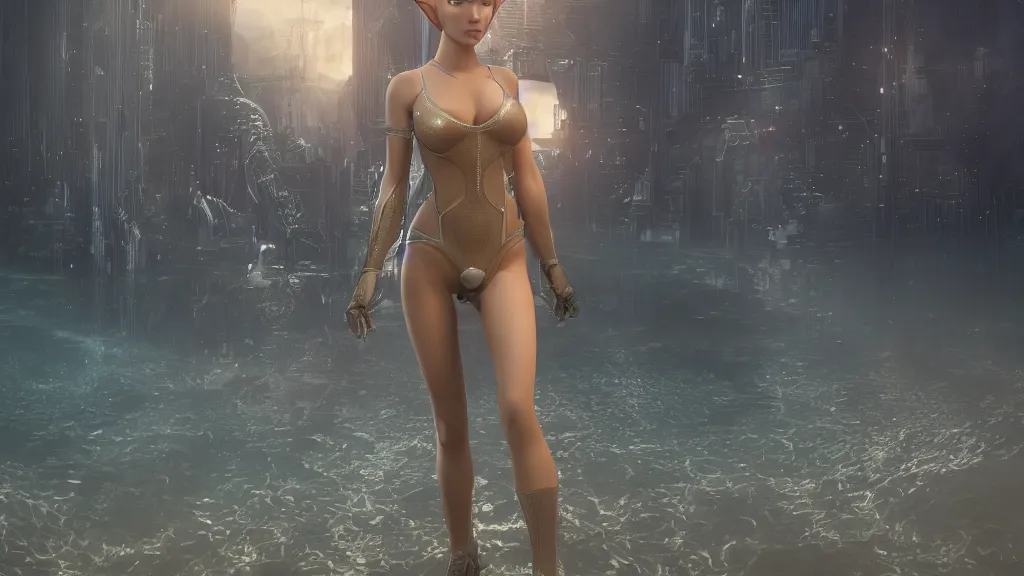 Prompt: 3D render of an centered single beautiful bioengineered implants female elf wearing a bodysuit in front of a gigantic city ruined underwater environment, omnious , elegant, reflections, focus, detailed, realistic eyes, horizontal partial symmetry features proportions, intricate facial skin details, award winning, trending in cgsociety artstation deviant art, octane render