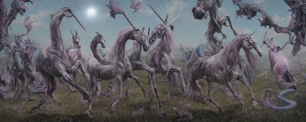 Image similar to a stunning detailed mate painting of unicorns dancing on a graveyard'by wayne barlowe, existential horror, trending on cgsociety artstation, highly detailed, 8 k, masterpiece, super resolution.