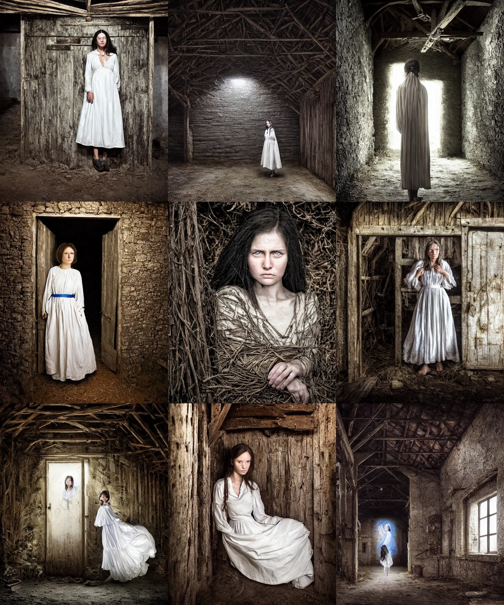 Prompt: Hyper realistic detailed photo of a Paludnitsa! inside a dark barn. Perfect face, beautiful, white dress, menacing, melancholic, long black hair, blue sky, highly detailed, sharp focus, art by Steve McCurry, detailed and intricate environment, wide angle, highly detailed, award winning.