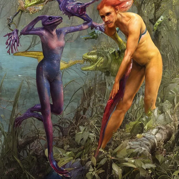 Image similar to a portrait photograph of claire danes as a brightly colored harpy amphibian hybrid with wet mutated skin. wearing a translucent organic catsuit. by tom bagshaw, donato giancola, hans holbein, walton ford, gaston bussiere, brian froud, peter mohrbacher and magali villeneuve. 8 k, cgsociety