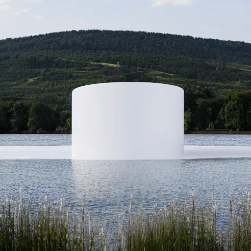 Prompt: the white bubble cluster building formed by prato theorem, on the calm water, was designed by joseph platform