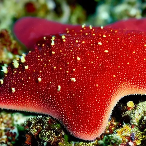 Prompt: fromia milleporella, common name red starfish or black spotted starfish, is a species of starfish