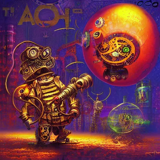 Image similar to steampunk rat, acid, 303, psychedelic, by paul lehr, cd cover for techno artist