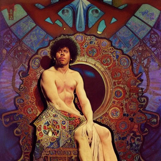 Prompt: richard ayoade sits on his throne as ruler of countdown, oil on canvas, by alphonse mucha, gustave dore, zdzislaw beksinski