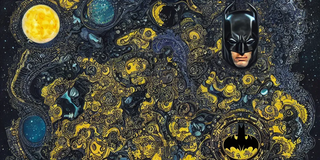 Image similar to disco diffusion portrait of batman, on the moon : : cosmic tarot card, intricate fractal details, broken reality, fanciful floral mandelbulb, black paper, style of wes anderson