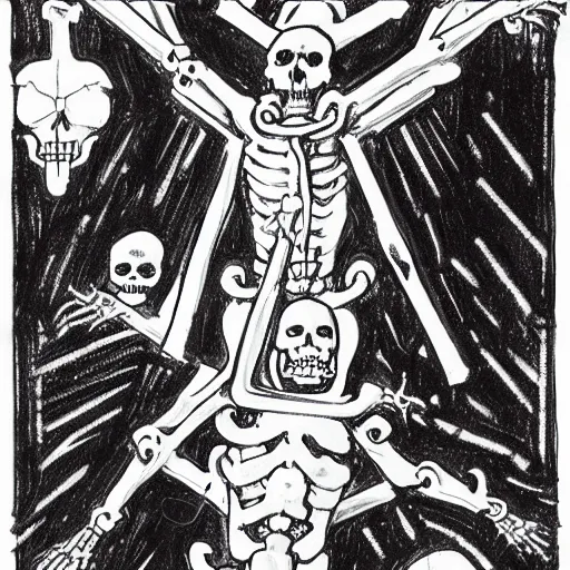 Prompt: A crucifix made of light, with two evil skeletons on both sides. Dark Fantasy, Film Noir, Black and White. High Contrast, Mike Mignola, D&D, OSR