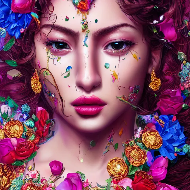 Image similar to studio portrait absurdly beautiful, elegant, lovely, young hypercolorful sensual latina idol rubies red petals gems, ultrafine hyperrealistic detailed face illustration by kim jung gi, irakli nadar, intricate linework, sharp focus, bright colors, matte, octopath traveler, final fantasy, unreal engine highly rendered, global illumination, radiant light, intricate rainbow environment