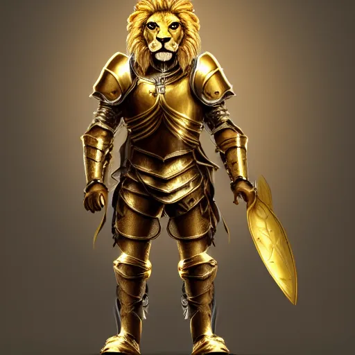 Image similar to a award winning commission photograph of an anthropomorphic lion with human features wearing a golden knight armor, digital art, character concept, highly detailed, deviantart, artstation, beautiful, photorealistic, imagination, fantasy, dramatic