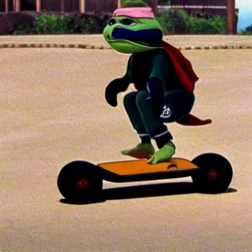 Image similar to a dodo wearing street clothes, a backwards ballcap and gold chain around its neck, surfing on on a hover board at a skate park at the beach, 1990s cartoon, teenage mutant ninja turtles