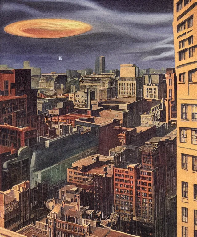 Image similar to horrifying full color photorealistic painting of the view from a 1 9 2 5 hotel terrace balcony overlooking a warped view of downtown boston in 1 9 2 5 with a cosmic sky, dark, atmospheric, brooding, smooth, finely detailed, cinematic, epic, in the style of paul carrick