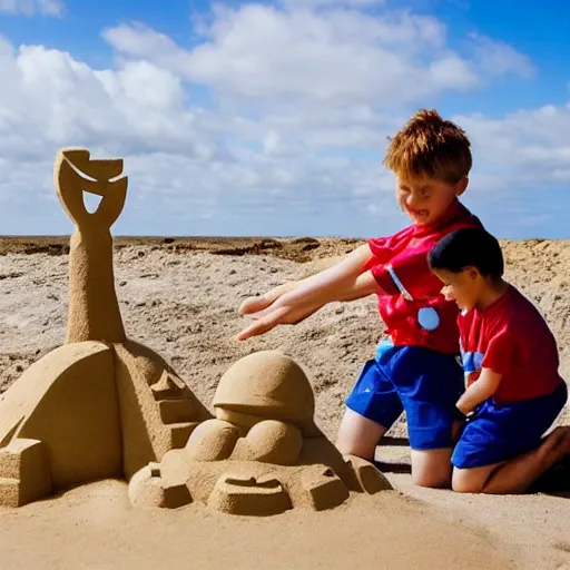 Image similar to photograph of 2 children making a sand sculpture representing a crab. seaside, beach. blue sky, some clouds, sun.