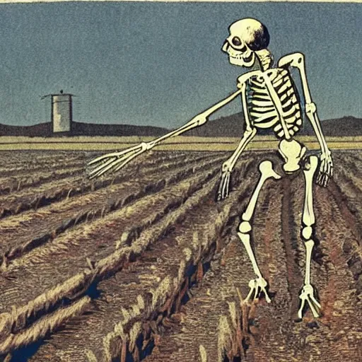 Prompt: a farmer skeleton working his field, soviet propaganda