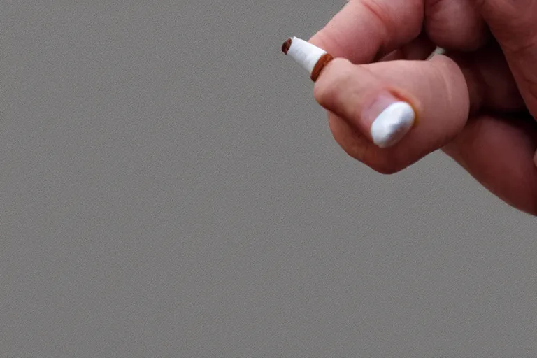 Image similar to Close-up of thin soft hand holding cigarette, with smoke, hand with five fingers, hyper realistic, high details, photo, super resolution