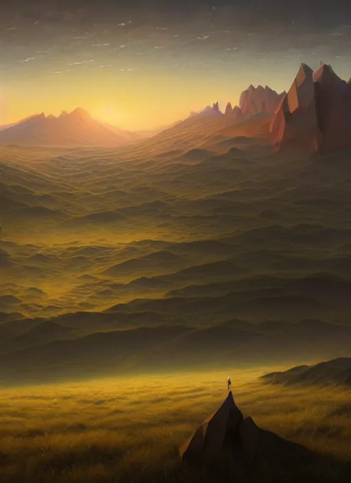 Prompt: just before sunrise in the low - polygon hills, the distant hills are polygons, depth of field, intricate, surrealism!!!!, highly detailed, lifelike, photorealistic, digital painting, artstation, surreal concept art, smooth, sharp focus, by greg rutkowski, chris tulloch mccabe, valentina remenar and asher duran,