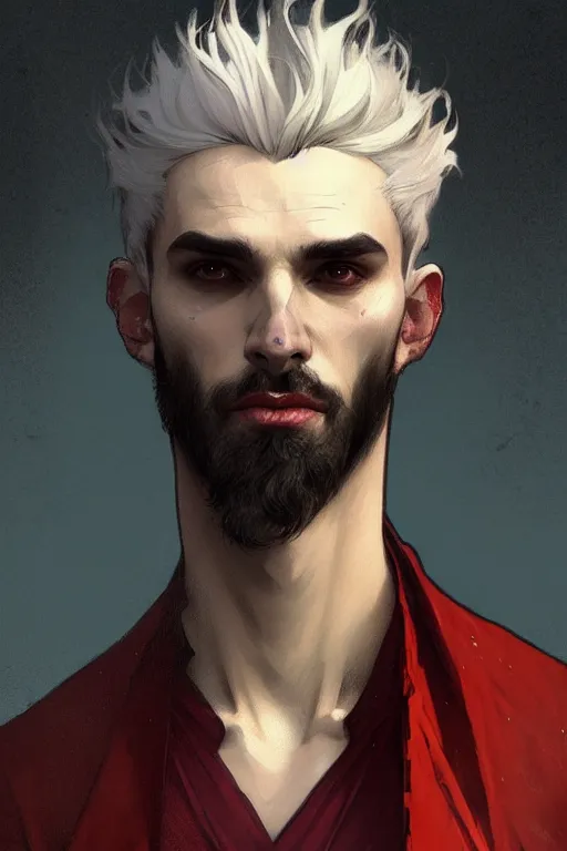 Image similar to portrait of a beautiful young fit male vampire with curly white hairs and yellow eyes, dressed with urban clothes, by greg rutkowski and alphonse mucha, d & d character, gradient white to red, modern nocturnal background, highly detailed portrait, digital painting, artstation, concept art, smooth, sharp focus ilustration, artstation hq