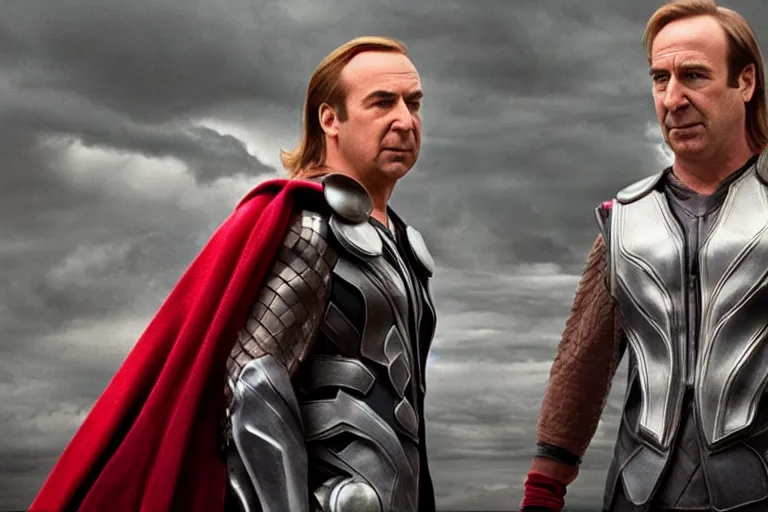 Image similar to saul goodman wearing thor's outfit holding mjolnir., cinematic, dramatic, color grading, photojournalism, highly detailed