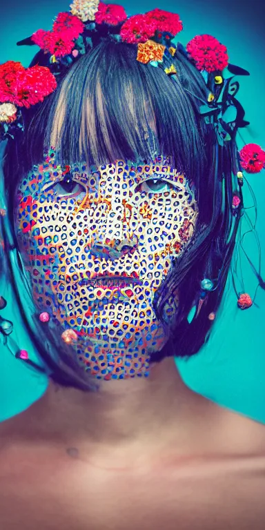 Image similar to centered front face portrait cyberpunk girl, clear blue sky vintage style, wrapped in flowers and wired, in the style of yayoi kusama, sigma 8 5 mm f 1. 8