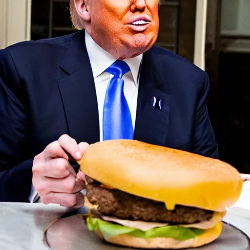 Image similar to donald trump eating a cheeseburger, paparazzi photo