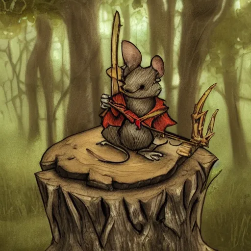 Image similar to Mouse Guard sits on a stump holding a sword, in deep forest, by rivuletpaper, rivuletpaper art, Mouse Guard by David Petersen, mouse photo, small details, realistic illustration,