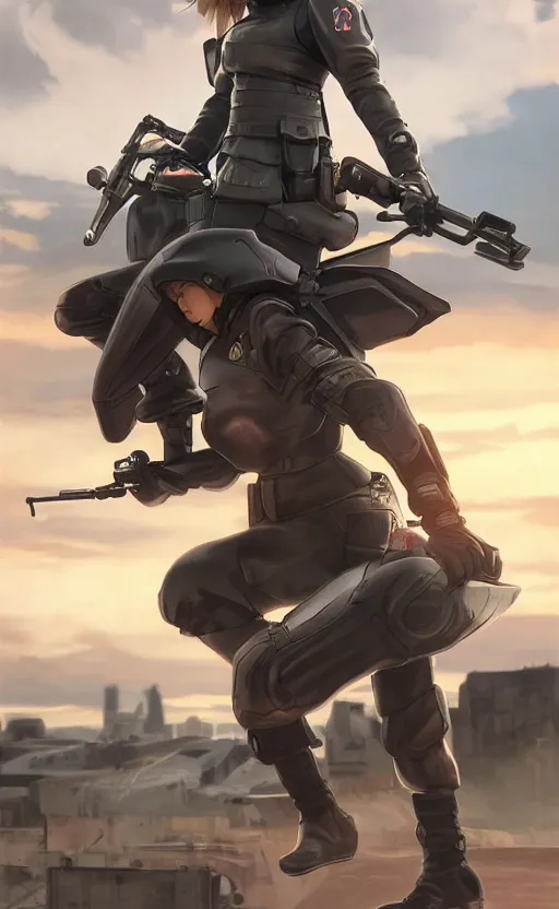 Image similar to panoramic view, a girl riding a motorbike, futuristic, soldier clothing, battlefield in background, anime style, hair down, symmetrical facial features, realistic hands, from arknights, hyper realistic, 4 k, extreme detail, trending artstation, safebooru, realistic lighting, by alphonse mucha, greg rutkowski, sharp focus