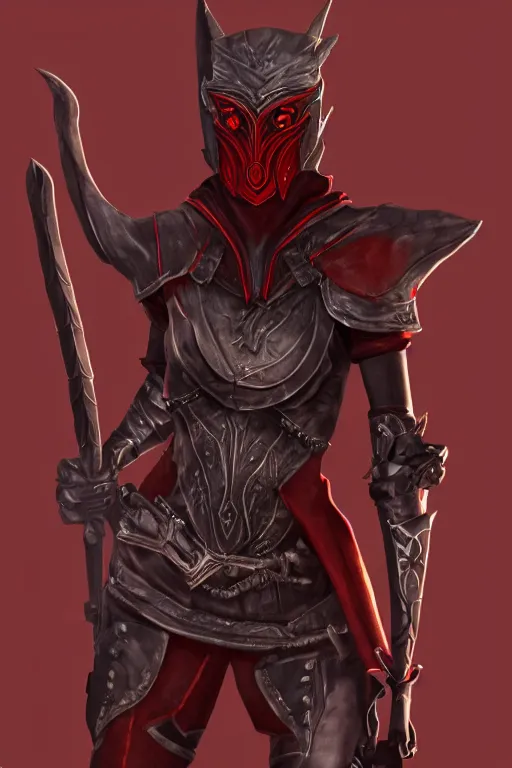 Image similar to female adventurer in tight full - body ebony leather armor of dunmer design with dark red cloth underneath and with a red porcelain crow mask, trending in artstation, establishing shot