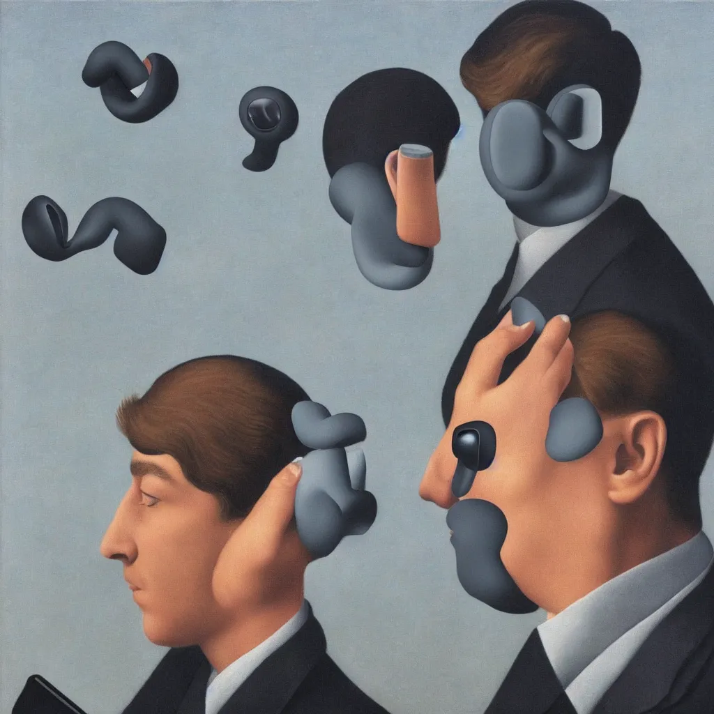 Image similar to i, a man wearing airpods pro and playing his iphone, by rene magritte