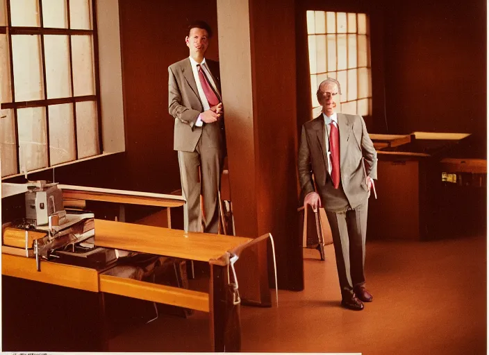 Image similar to realistic photo portrait of the person, brown mustard shirt, formal suit, black tie,, wooden polished and fancy expensive wooden laboratory hall interior 1 9 9 0, life magazine reportage photo