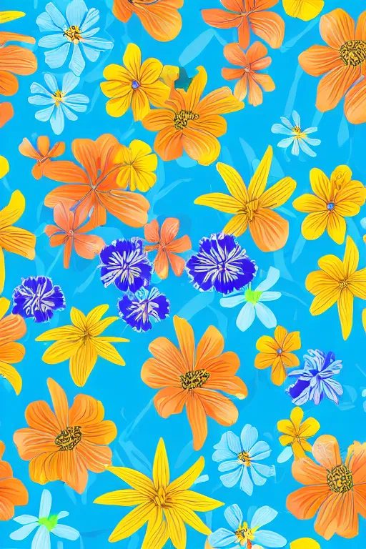 Image similar to detailed Vector illustration of tropical flowers with multiple cohesive colors ranging from warms blues to bright oranges, ((dark blue background)), 4K resolution