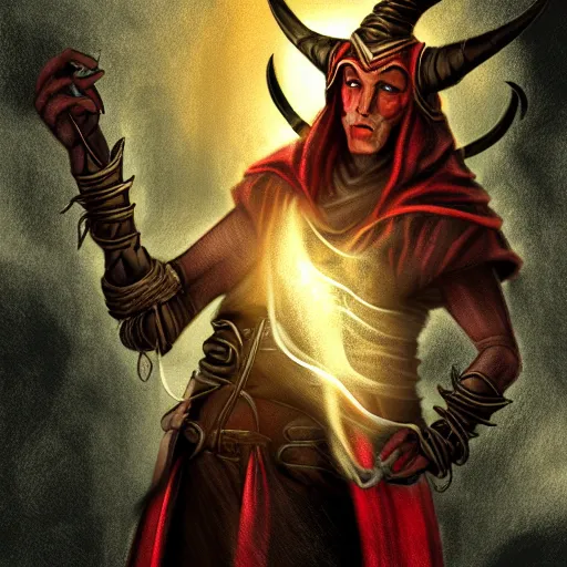 Image similar to tiefling sorcerer, underdark manor, antagonist, digital art, dungeons & dragons