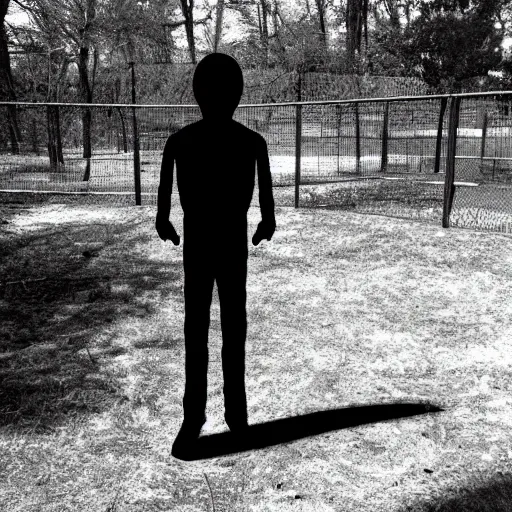 Prompt: night vision trailcam photo of the slenderman shadow person standing in an overgrown playground