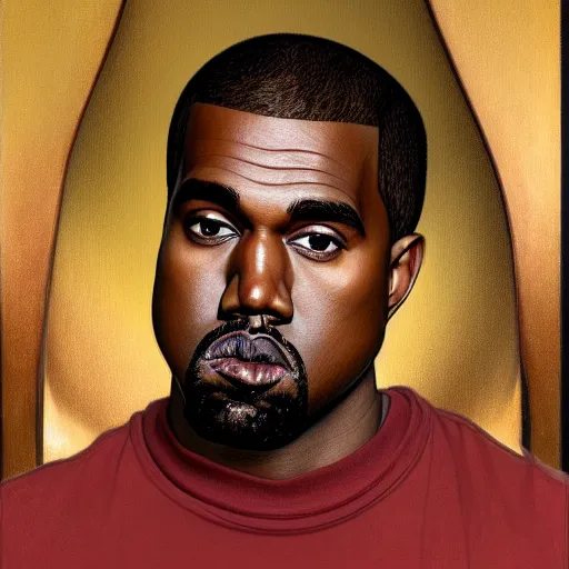 Image similar to a portrait of Kanye West, laughing at his own mirror reflection, detailed, digital painting, artstation, concept art, donato giancola, Dante Gabriel Rossetti, alphonse mucha, Joseph Christian Leyendecker, WLOP, Boris Vallejo, Annie Leibovitz and Steve McCurry, David Lazar, Jimmy Nelsson, Breathtaking, 8k resolution, extremely detailed, beautiful, artistic, hyperrealistic, octane render