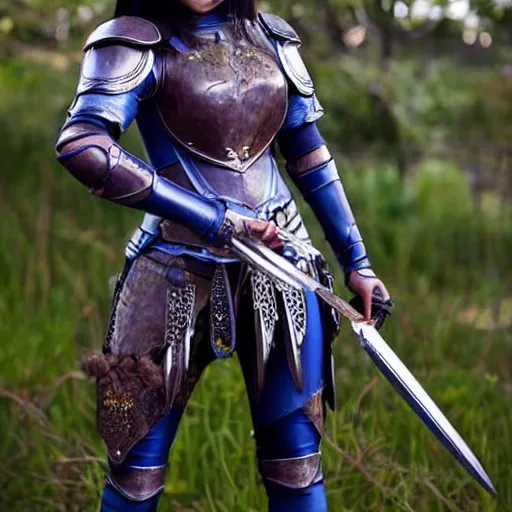 Image similar to full body photo of a female warrior with lapis lazuli armour and weapons