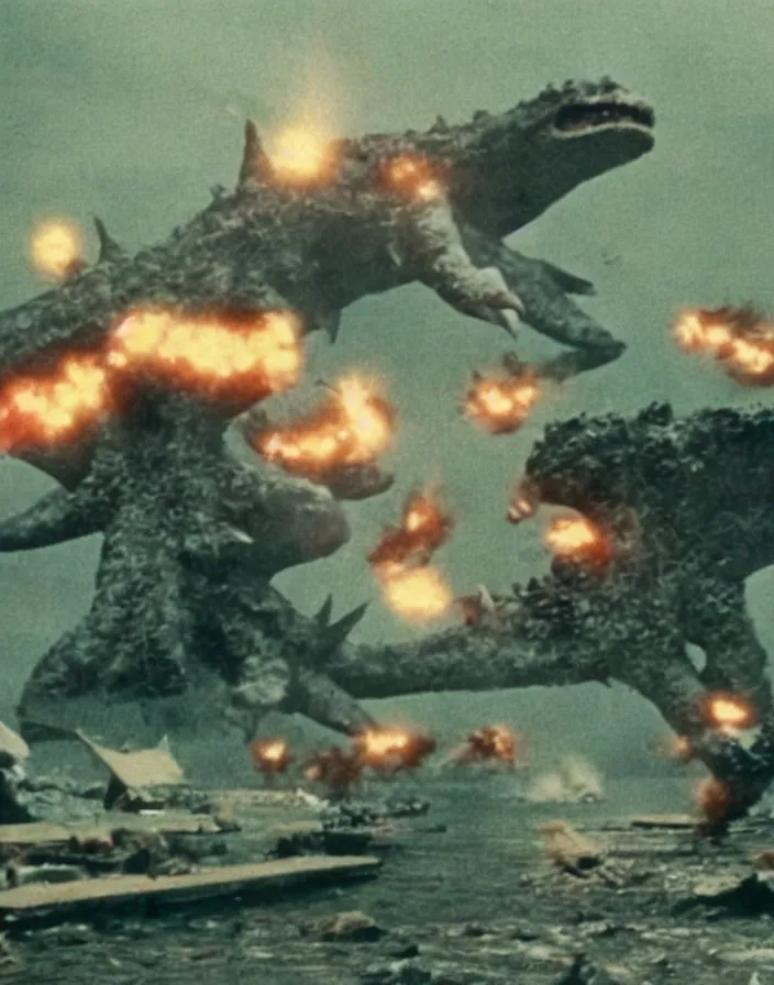 Prompt: a filmstill of a north korean monster movie, kaiju - eiga monster starfish - like trampling a traditional korean palace, foggy, film noir, epic battle, etheral, explosions, communist starfish, thriller, by wachowskis and robert eggers, video compression